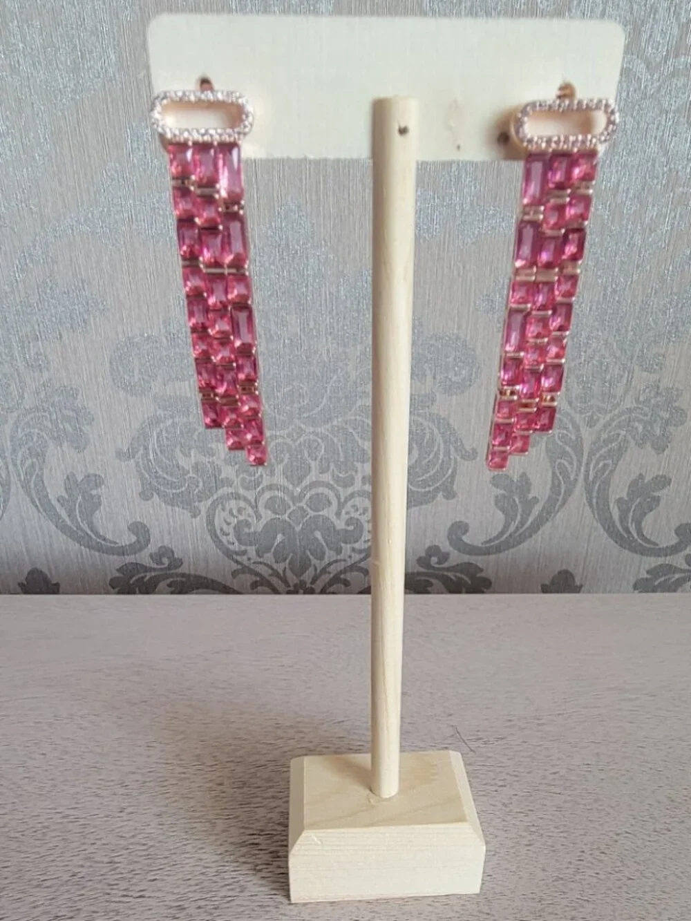 Pink Glass and Simulated Diamond Earrings in Rosetone